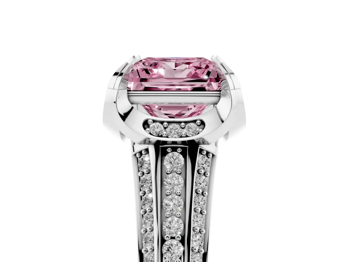 Fancy Pink Princess Cut Solitaire Pave Split Shank Ring with Four-Prong Setting Silver