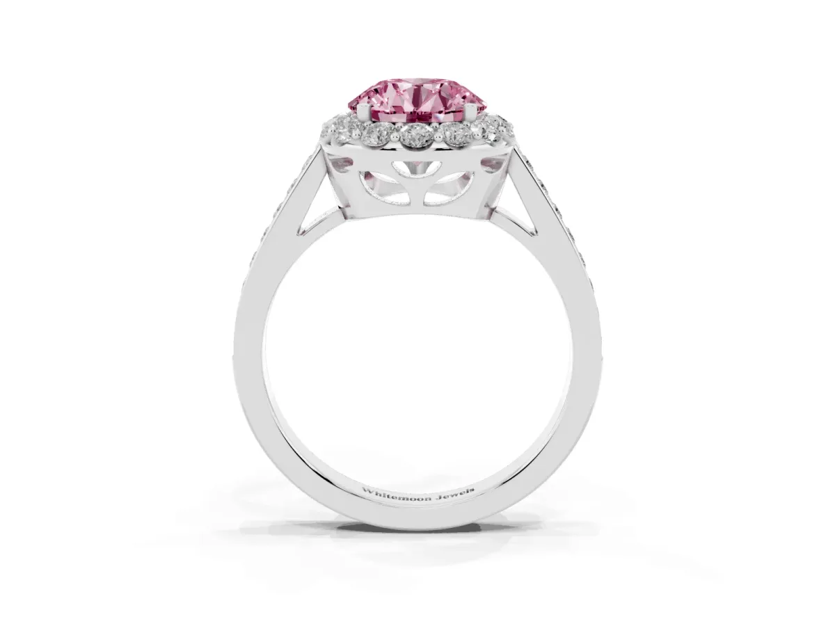 Fancy Pink Round Cut Diamond Floral Halo Ring with Pavé Band and Prong Setting White gold