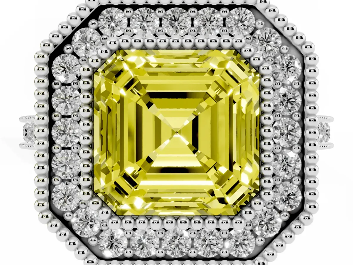 Fancy Yellow Asscher Cut Diamond Halo Ring with Milgrain Frame and Pavé Band White gold