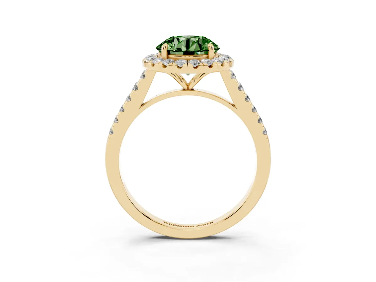 Fancy Green Round Cut Halo Pave Diamond Engagement Ring with Four-Prong Setting Yellow gold