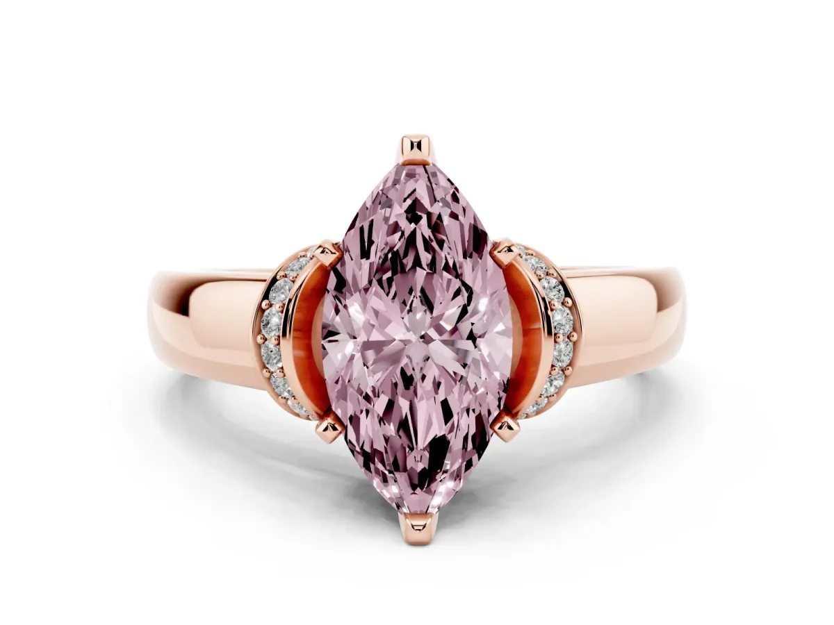 Fancy Pink Marquise Cut Solitaire Diamond Ring with Pave Band and Six-Prong Setting Rose gold