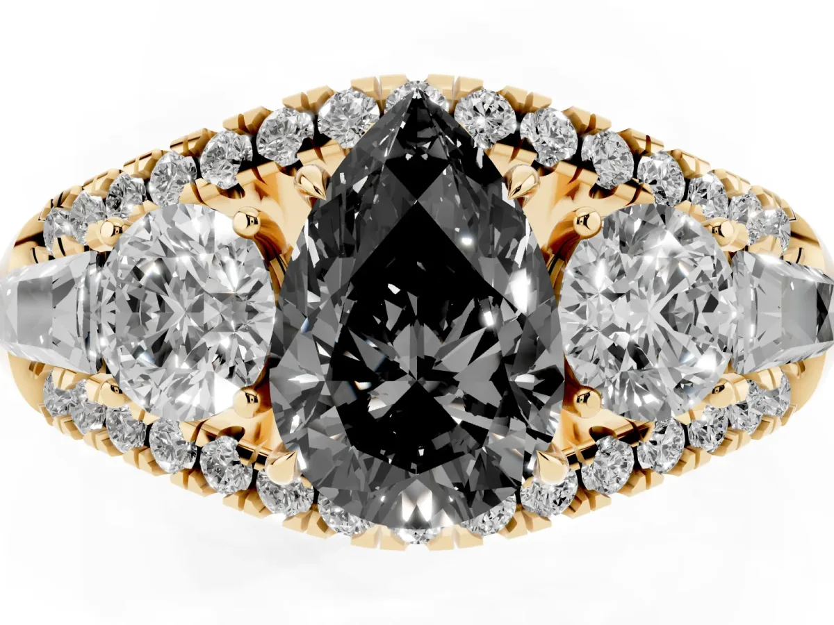 Fancy Black Three-Stone Pear Cut Diamond Engagement Ring with Pave Band and Prong Setting Yellow gold