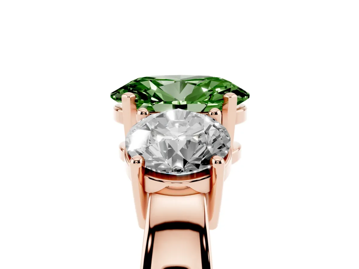 Fancy Green Three-Stone Oval Cut Diamond Ring with Round Side Stones, Classic Band, and Four-Prong Setting Rose gold