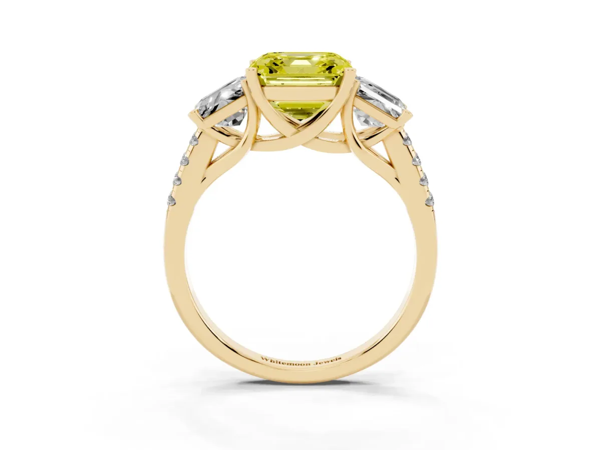Fancy Yellow Three-Stone Asscher Cut Diamond Ring with Round Pavé Band and Prong Setting Yellow gold