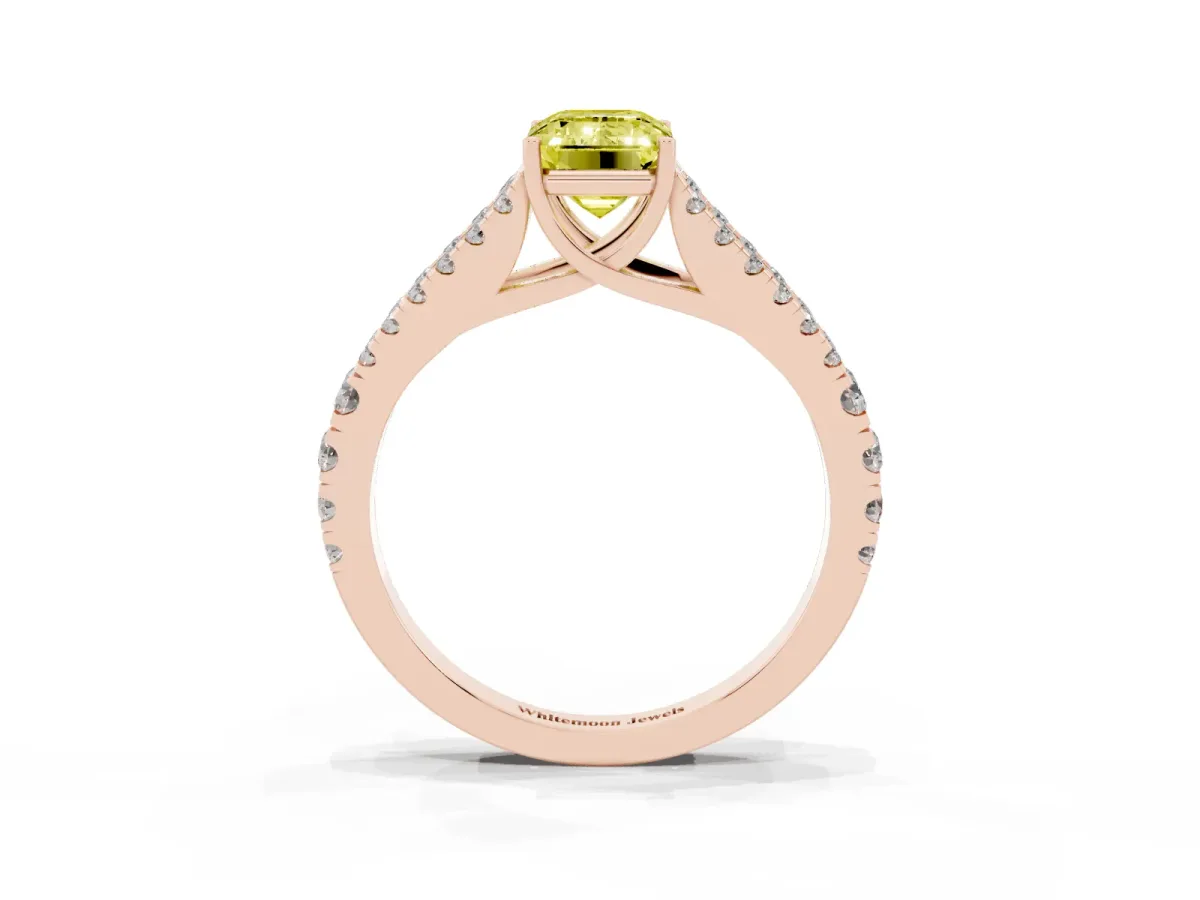 Fancy Yellow Emerald Cut Diamond Split Shank Engagement Ring with Round Pavé and Prong Setting Rose gold