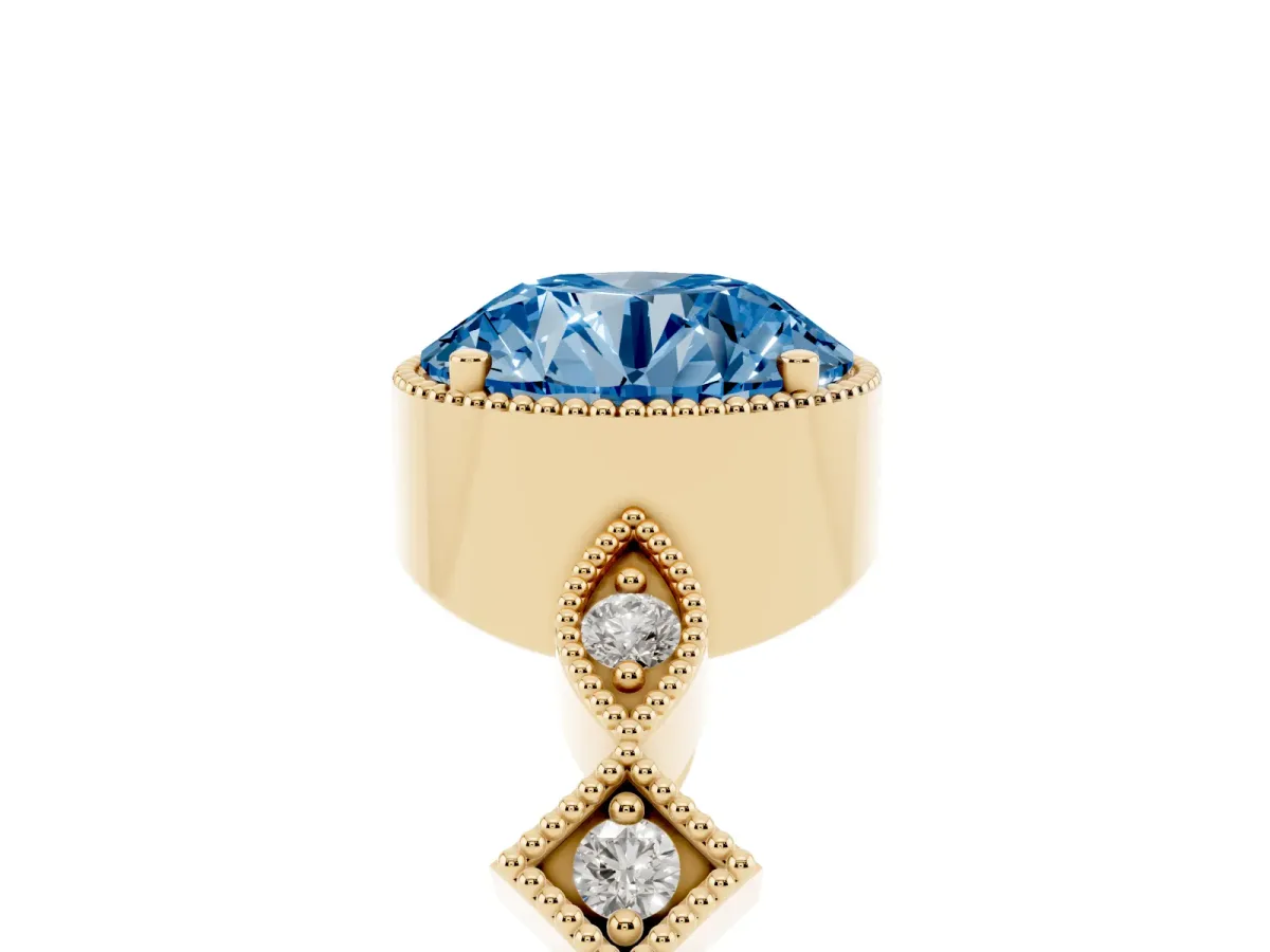 Fancy Blue Round Cut Milgrain Marquise Diamond Twist Band Ring Yellow gold