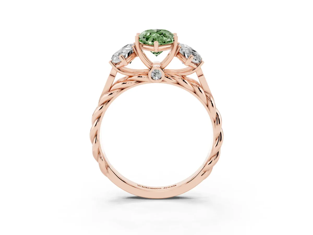 Fancy Green Three-Stone Marquise Cut Diamond Braided Band Ring with Four-Prong Setting Rose gold