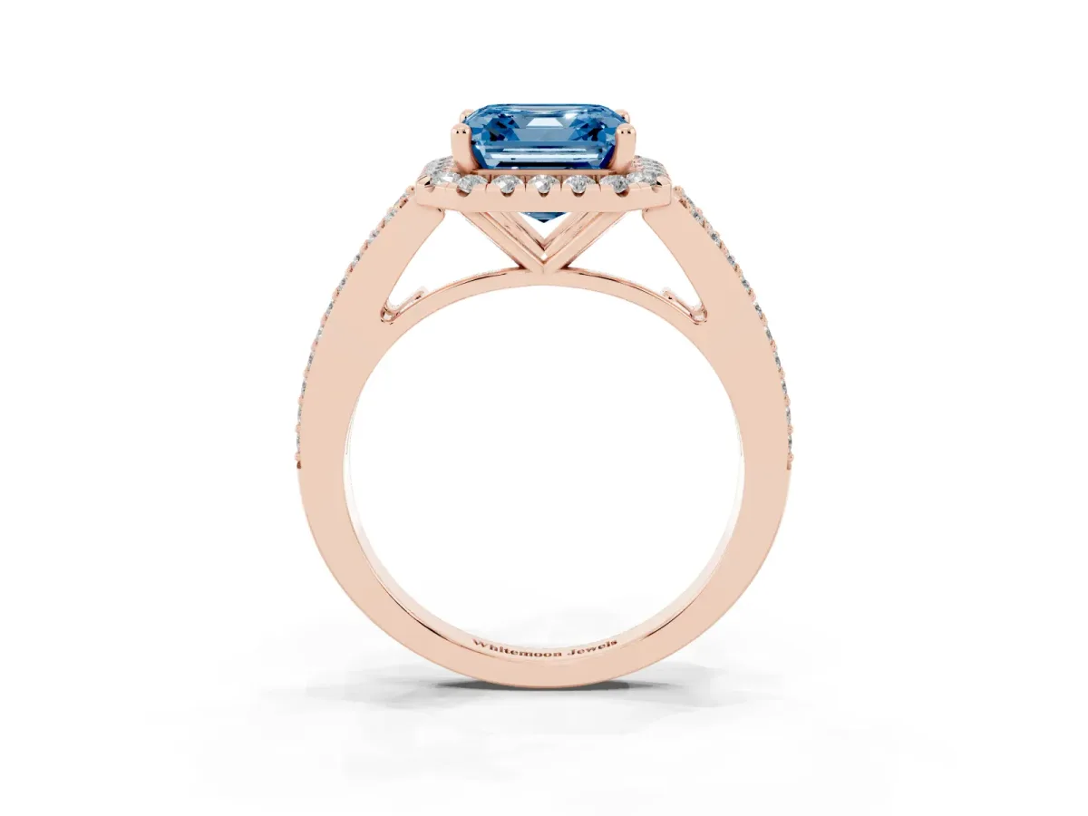 Fancy Blue Asscher Cut Halo Split Shank Diamond Ring with Prong Setting Rose gold