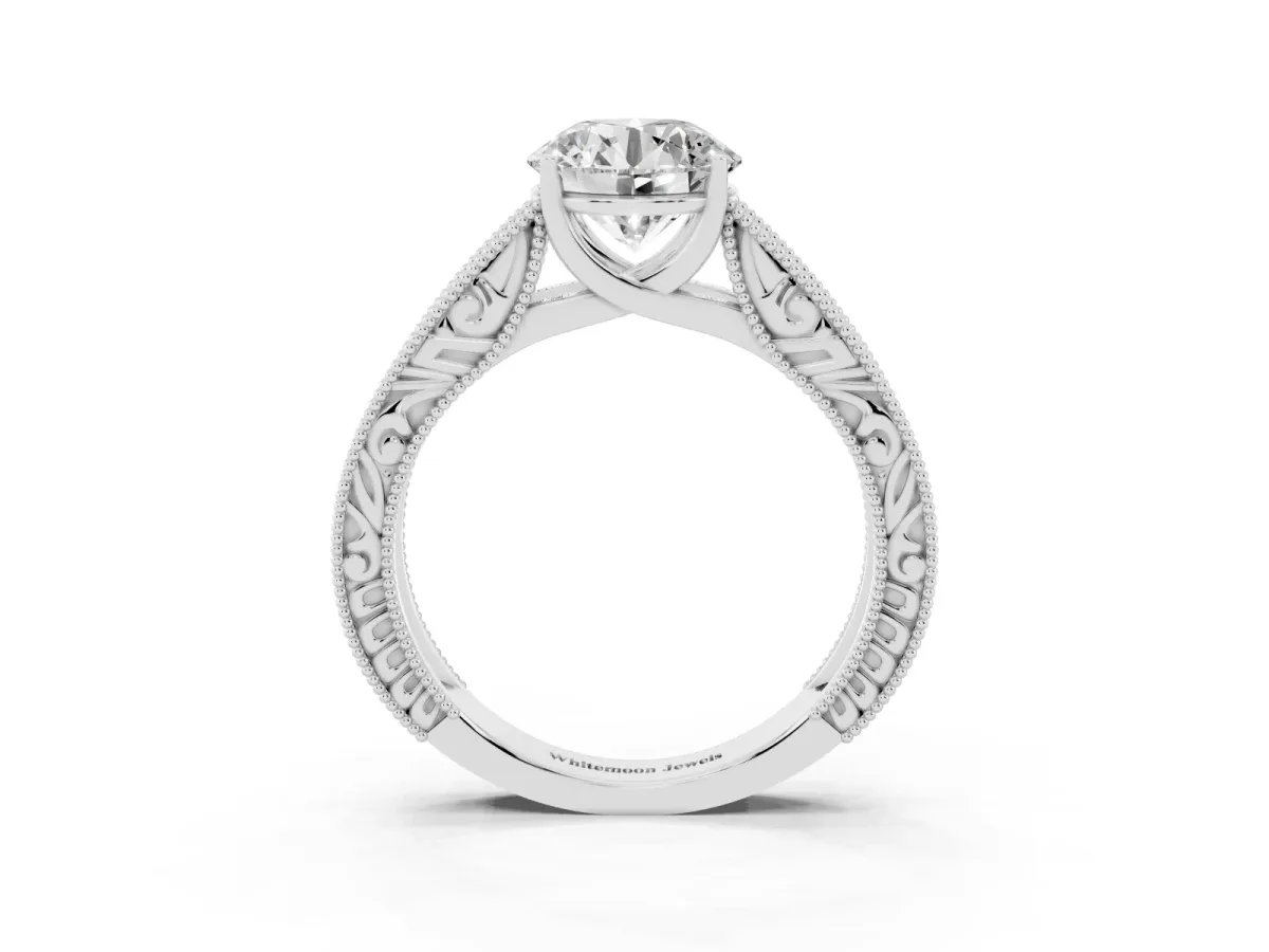 Round Cut Diamond Solitaire Ring with Engraved Band and Four-Prong Setting White gold