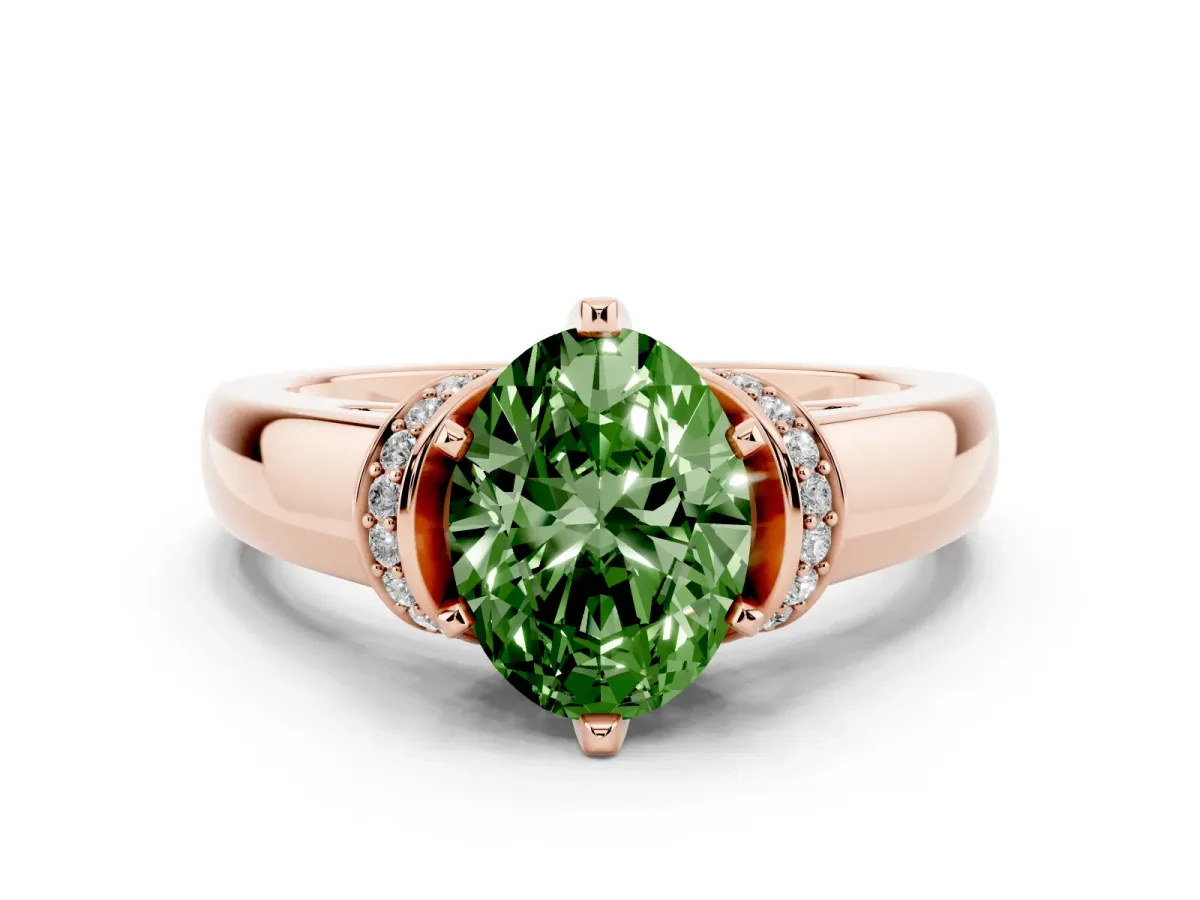 Fancy Green Oval Cut Solitaire Diamond Ring with Pave Band and Six-Prong Setting Rose gold