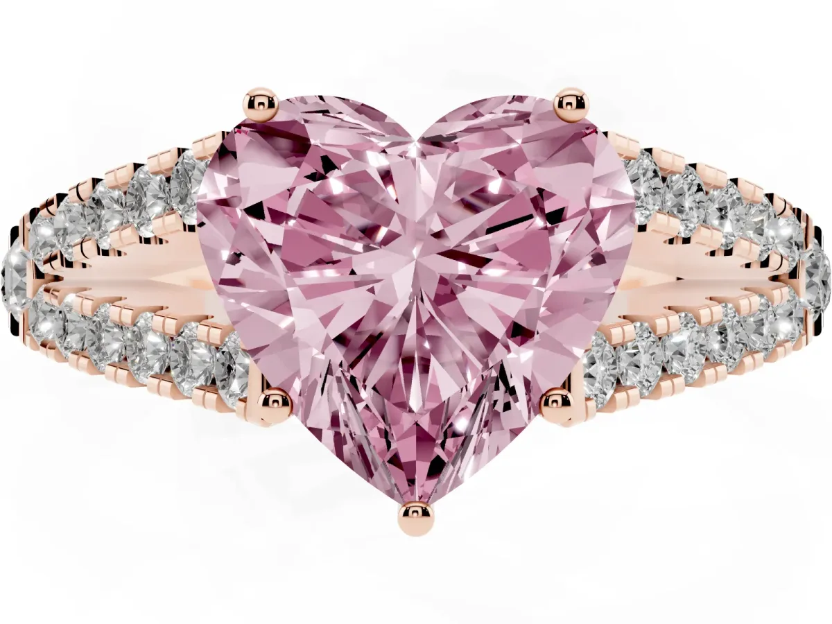 Fancy Pink Heart Cut Diamond Split Shank Pavé Engagement Ring with Four-Prong Setting Rose gold