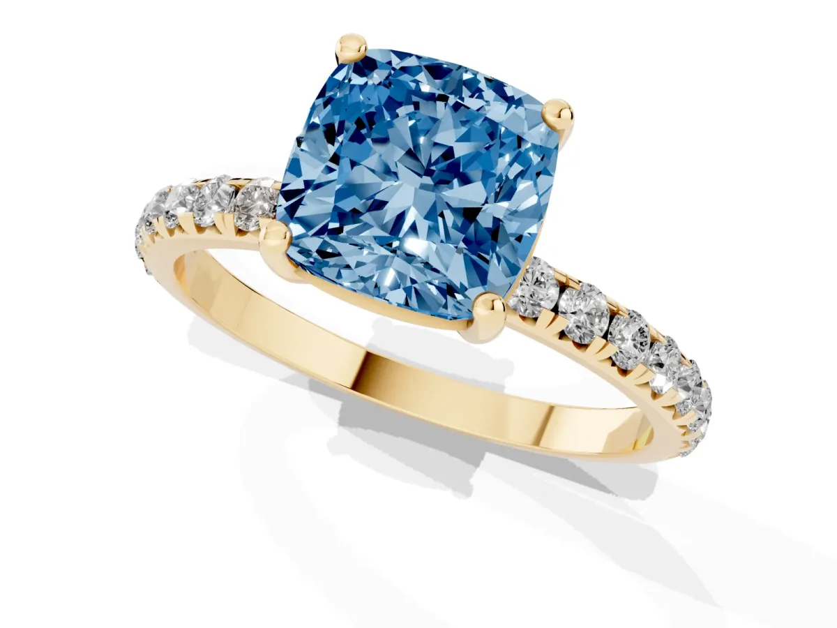 Fancy Blue Cushion Cut Cut Diamond Solitaire Ring with Micro Pave Band and Four Prong Setting Yellow gold