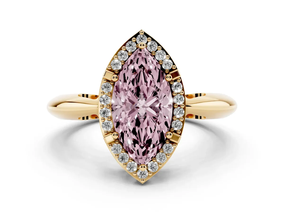 Fancy Pink Marquise Cut Cut Diamond Halo Engagement Ring with Split Shank and Four-Prong Setting Yellow gold