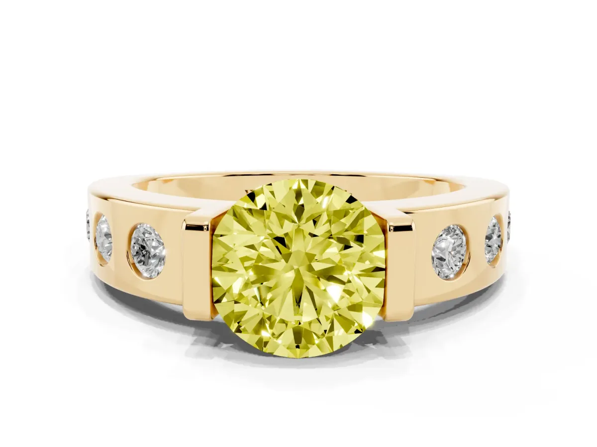 Fancy Yellow Round Cut Brilliant Channel-Set Diamond Ring with Bezel Prong Setting Yellow gold