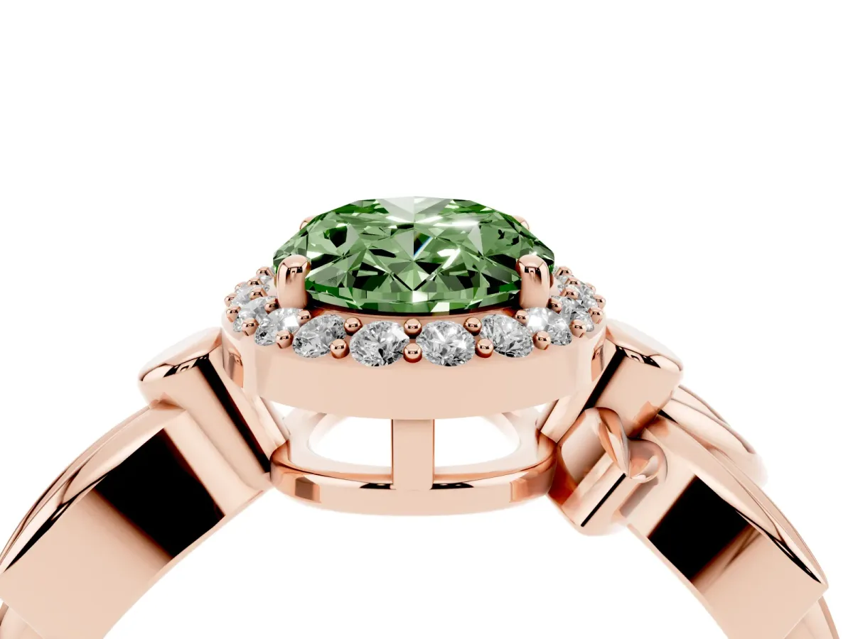 Fancy Green Oval Cut Halo Diamond Floral Band with Four-Prong Setting Rose gold