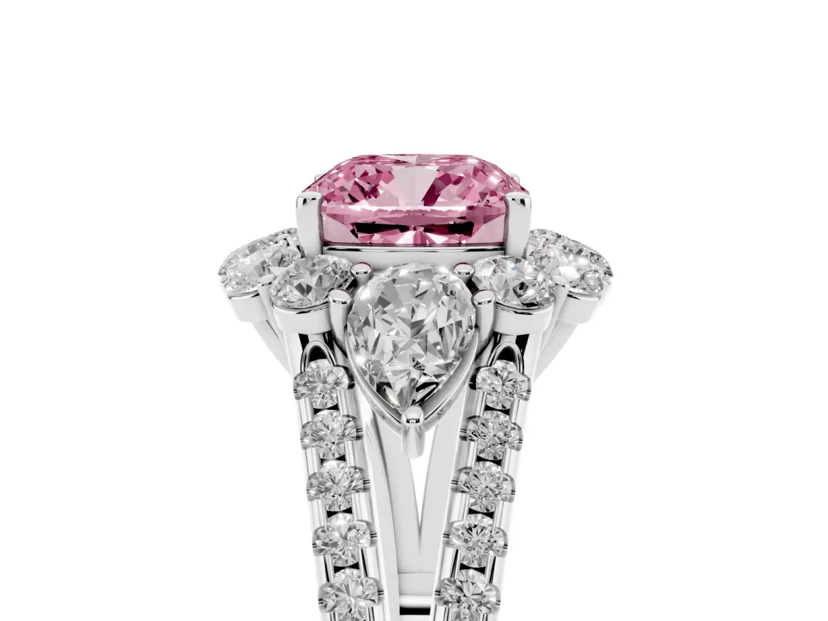 Fancy Pink Cushion Cut Halo Split Shank Diamond Engagement Ring with Prong Setting Platinum