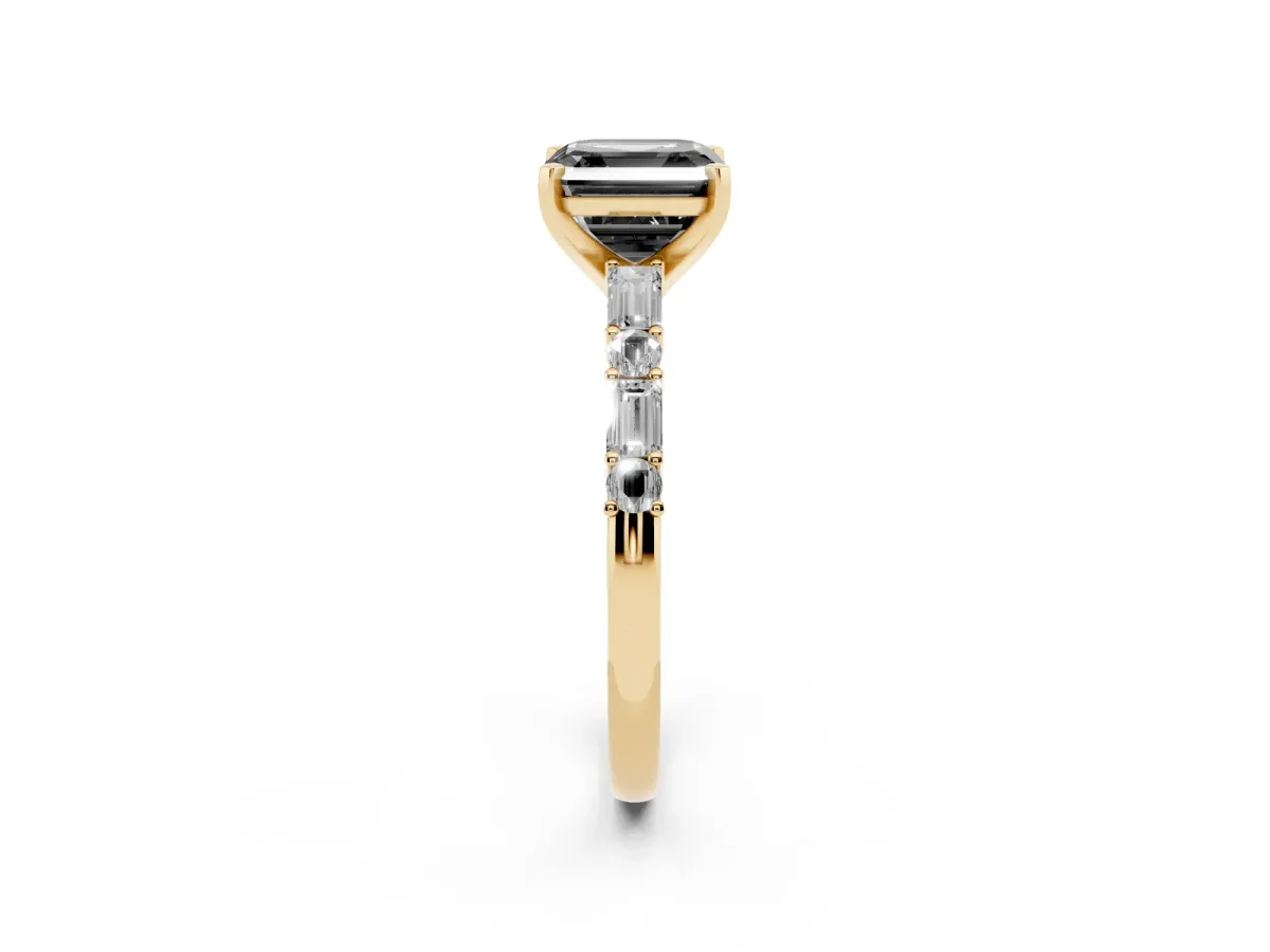 Fancy Black Asscher Cut Diamond Solitaire with Side Baguettes and Channel Set Band Yellow gold