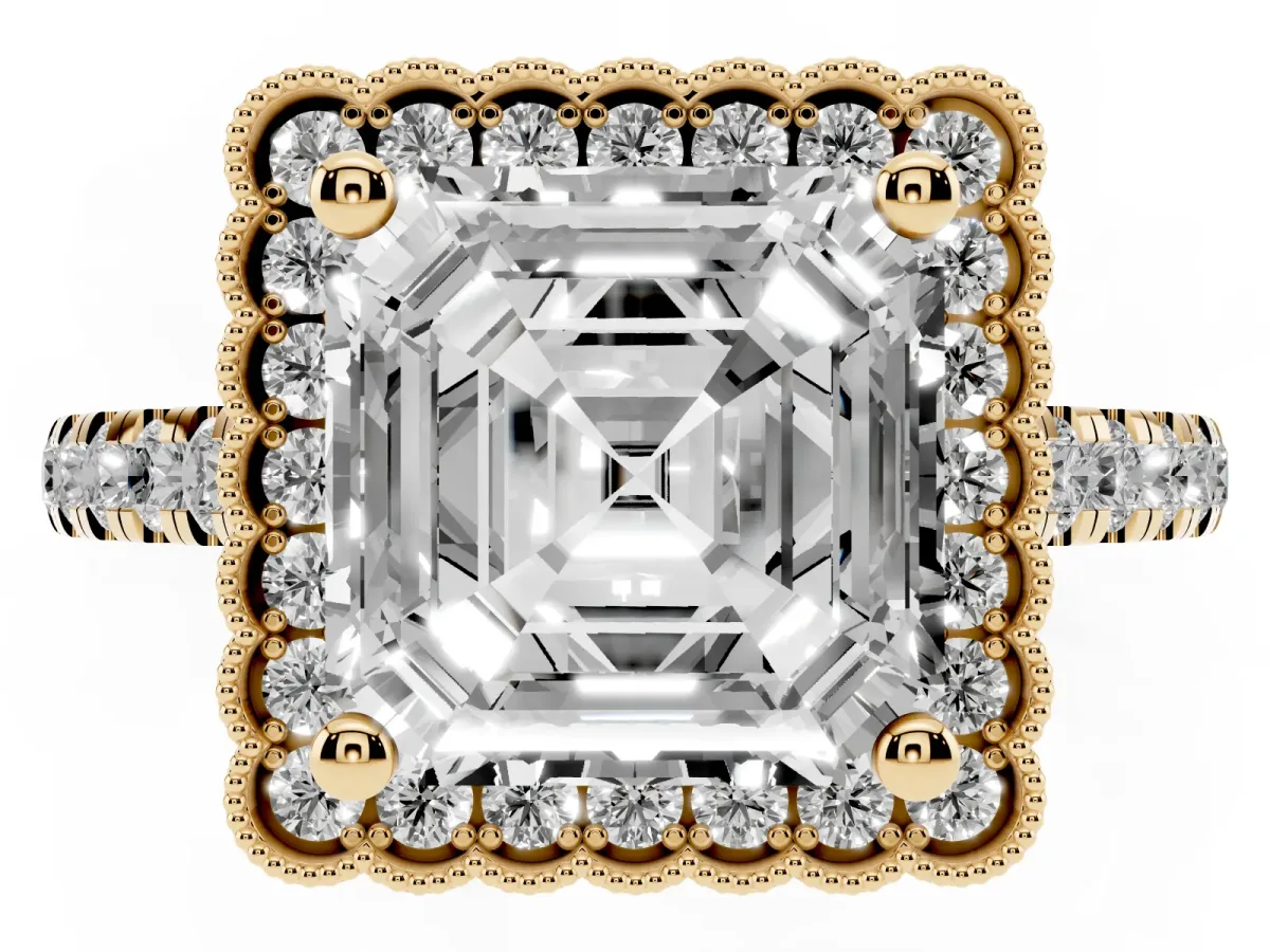 Asscher Cut Cut Diamond Milgrain Floral Halo Engagement Ring with Pavé Band Yellow gold