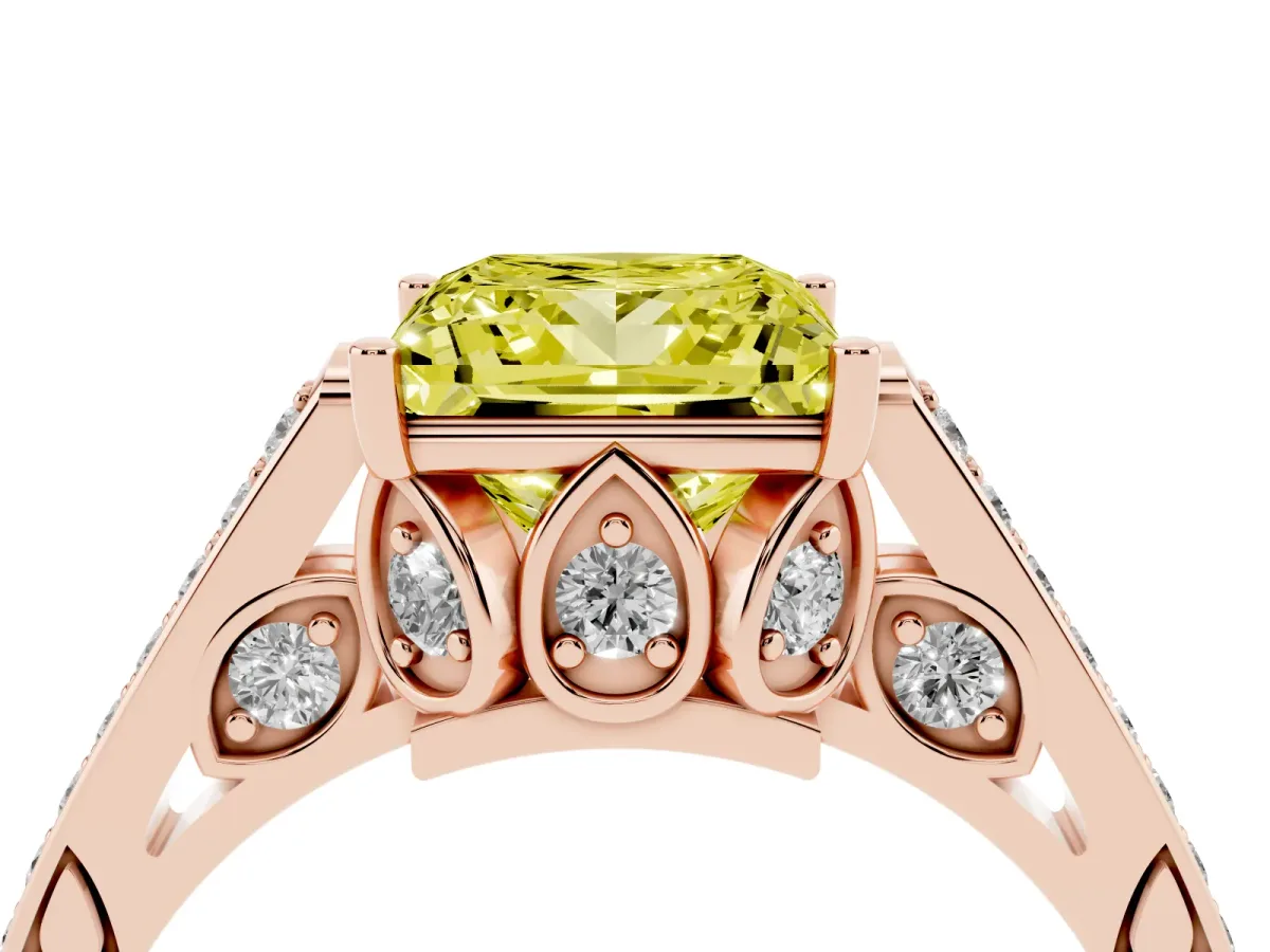 Fancy Yellow Princess Cut Cut Cathedral Pave Diamond Engagement Ring with Six-Prong Setting Rose gold