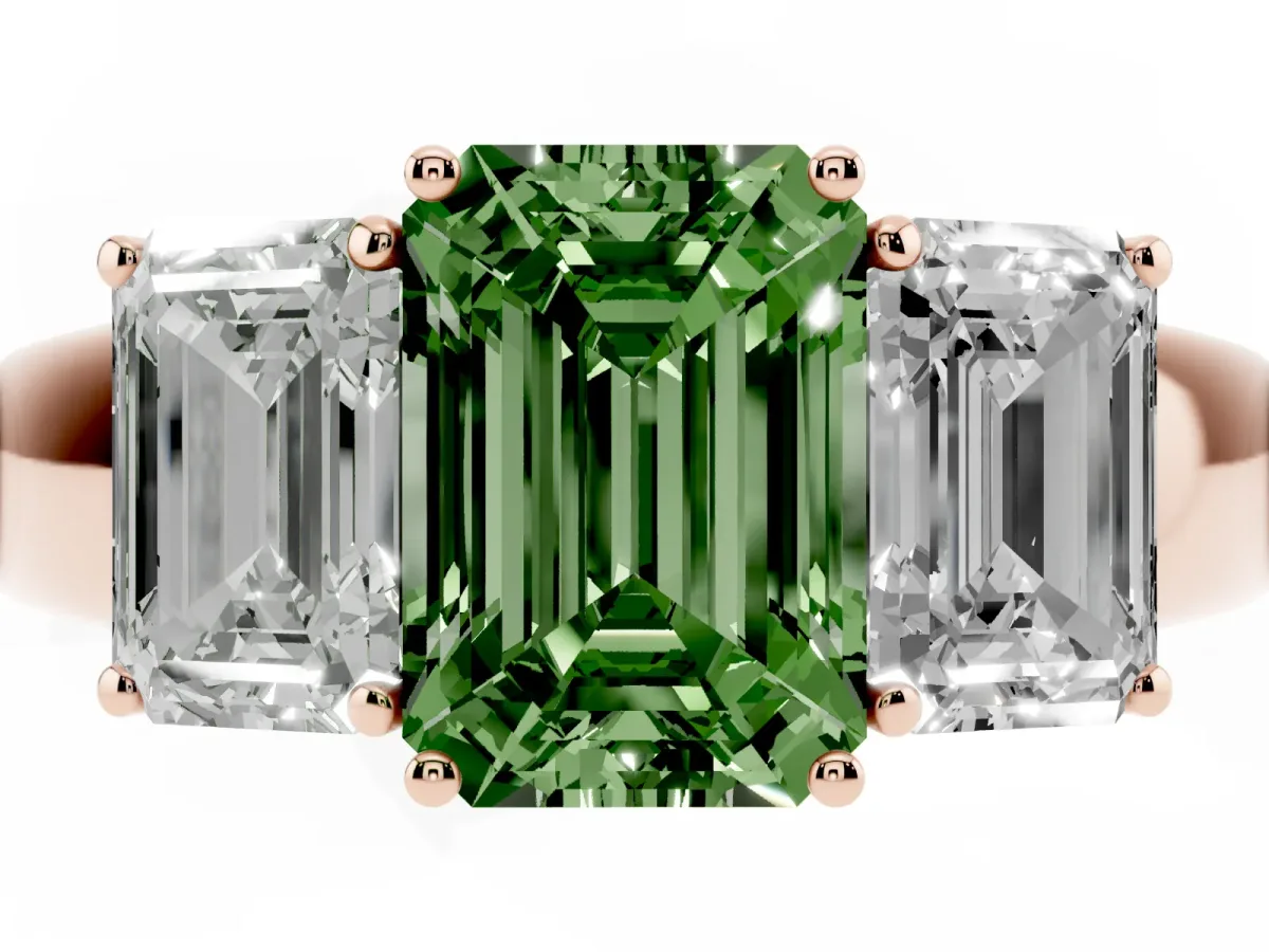 Fancy Green Three-Stone Emerald Cut Cut Diamond Ring with Prong Setting and Classic Band Rose gold