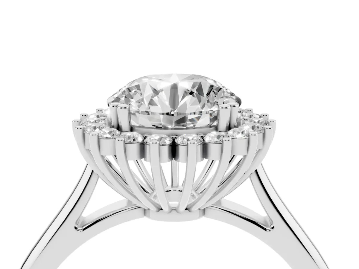 Round Cut Cut Diamond Halo Ring with Solitaire Band and Prong Setting Silver