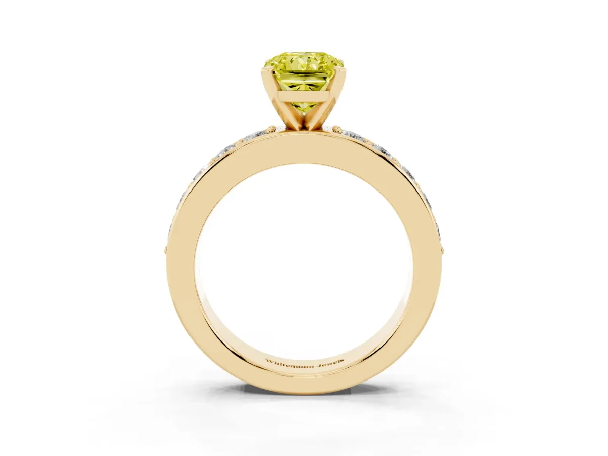 Fancy Yellow Radiant Cut Diamond Engagement Ring with Channel Set Round Band and Prong Setting Yellow gold