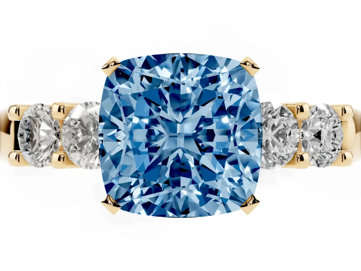 Fancy Blue Cushion Cut Brilliant Cut Diamond Five-Stone Prong Set Engagement Ring with Channel Band Yellow gold