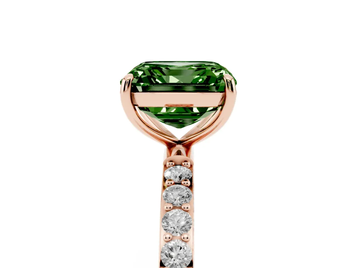 Fancy Green Asscher Cut Diamond Solitaire Ring with Round Pavé Shoulders and Prong Setting Rose gold