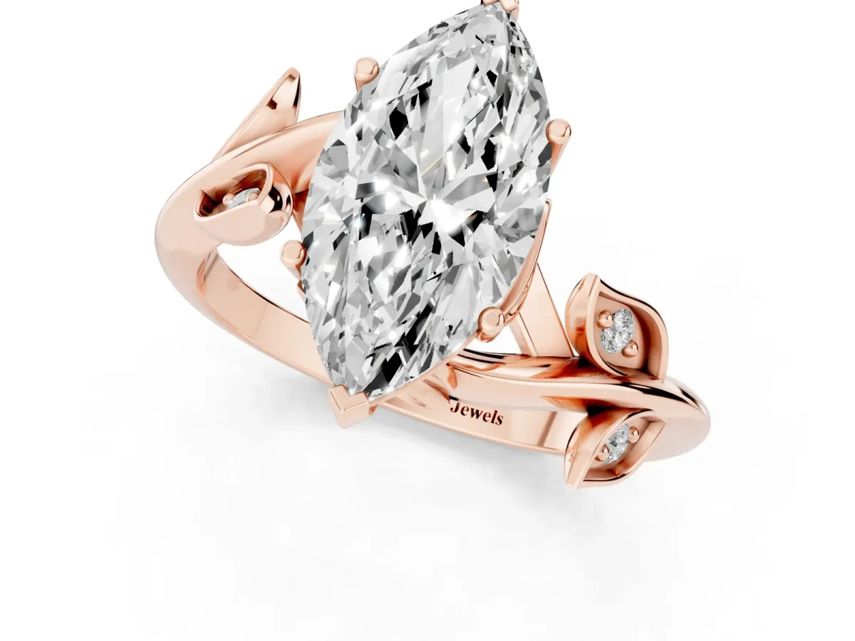 Marquise Cut Solitaire Twist Engagement Ring with Leaf Accents and Prong Setting Rose gold
