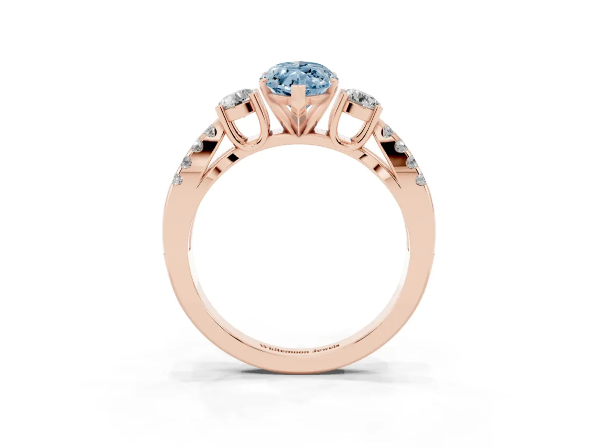Fancy Blue Marquise Cut Diamond Three-Stone Ring with Pavé Split Shank and Four-Prong Setting Rose gold