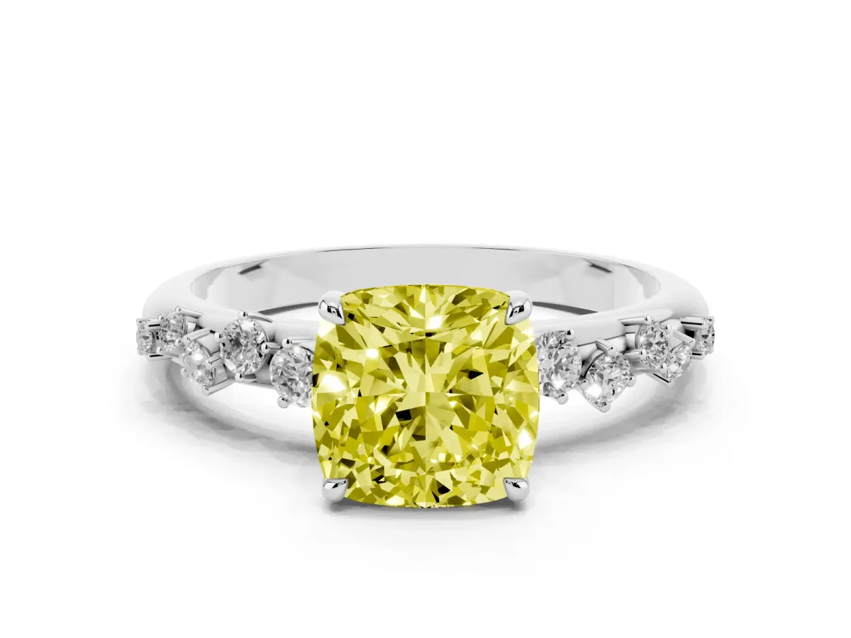 Fancy Yellow Cushion Cut Diamond Cluster Prong-Set Solitaire Ring Silver