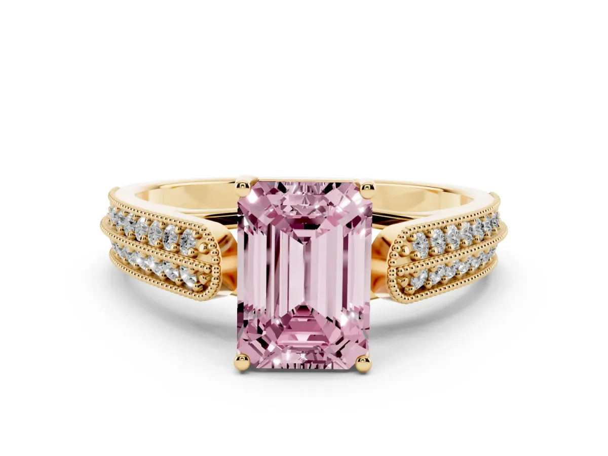 Fancy Pink Emerald Cut Cut Pave Split Shank Engagement Ring with Four-Prong Setting Yellow gold
