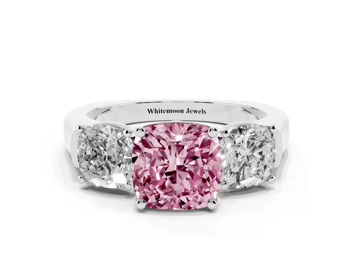 Fancy Pink Three-Stone Cushion Cut Brilliant Diamond Trellis Ring with Comfort Fit Band White gold