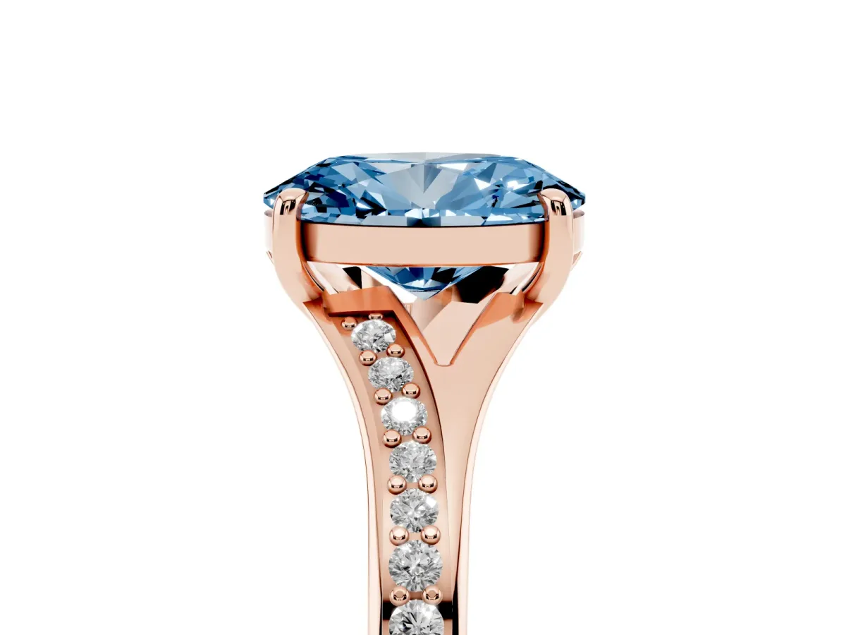 Fancy Blue Oval Cut Diamond Solitaire Ring with Pavé Band and Prong Setting Rose gold