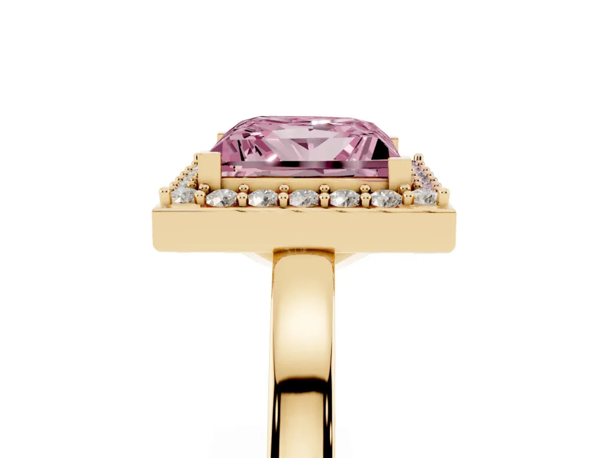 Fancy Pink Princess Cut Halo Diamond Ring with Solitaire Band and Prong Setting Yellow gold