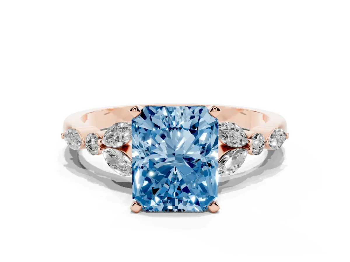 Fancy Blue Radiant Cut Diamond Solitaire Ring with Side Stones and Four-Prong Setting Rose gold