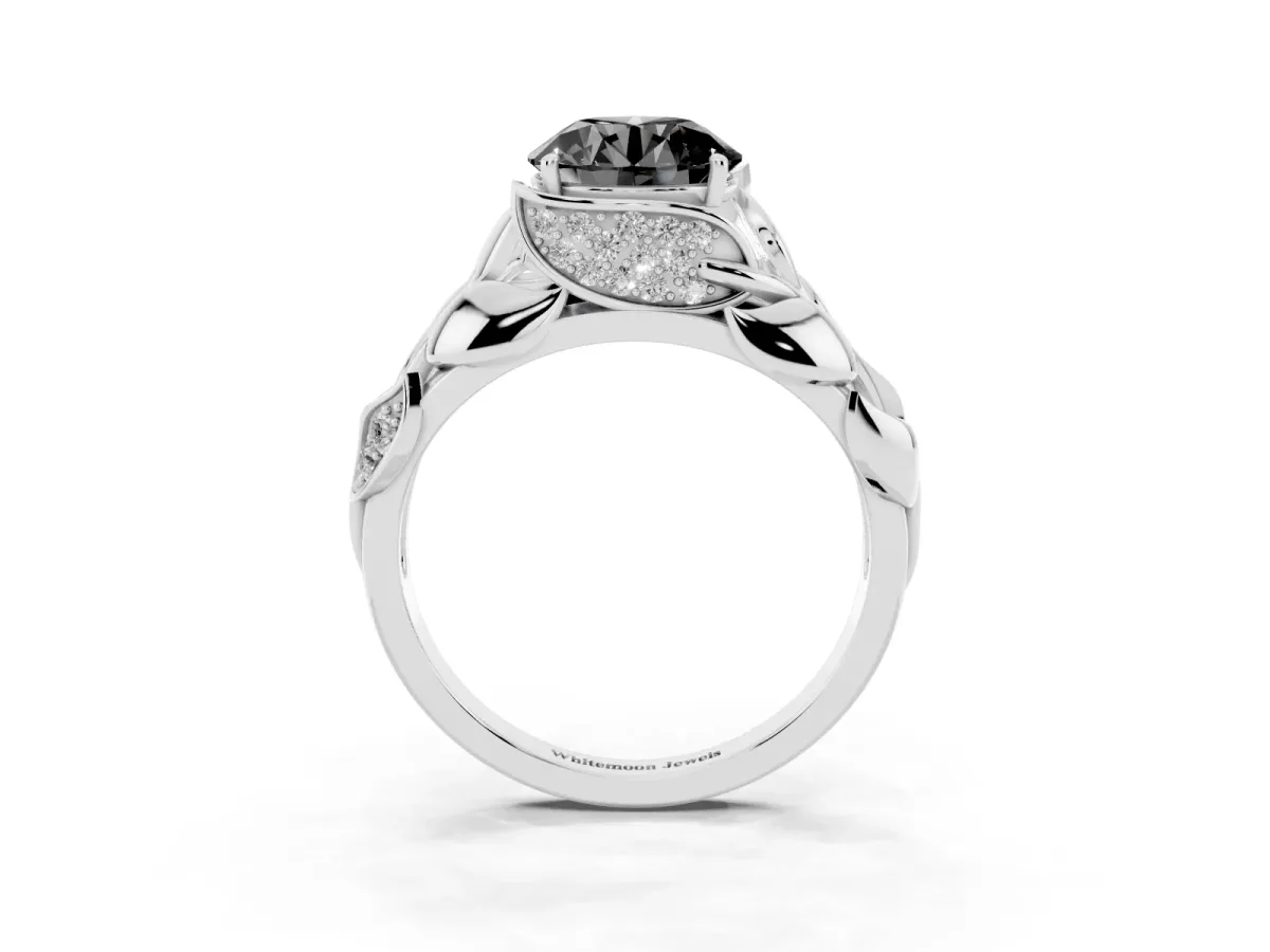 Fancy Black Round Cut Diamond Leaf-Inspired Engagement Ring with Round Accents and Prong Setting Silver