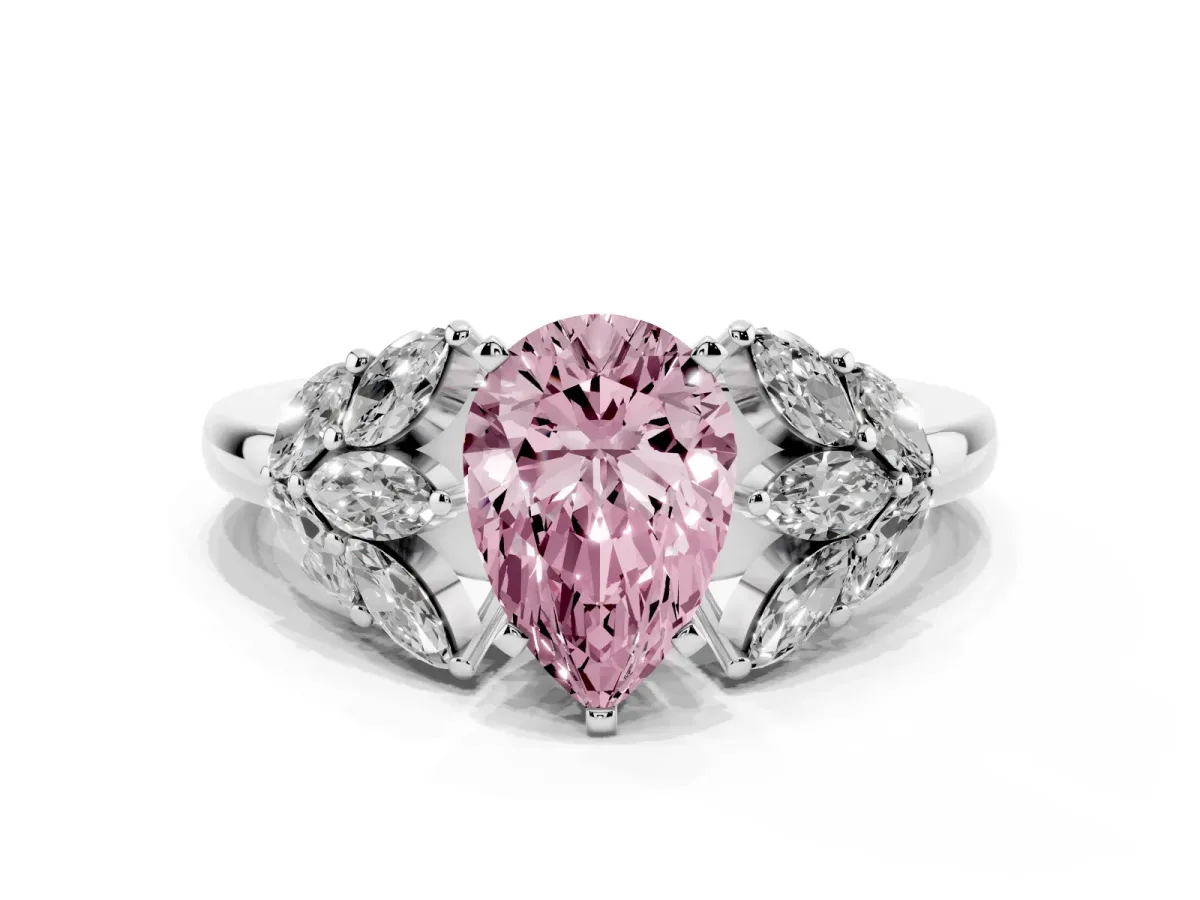 Fancy Pink Pear Cut Diamond Cluster Leaf Design Ring with Prong Setting Silver