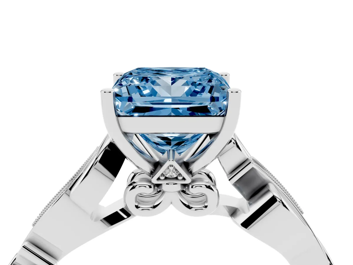 Fancy Blue Princess Cut Solitaire Vine Band with Milgrain Prong Setting Silver
