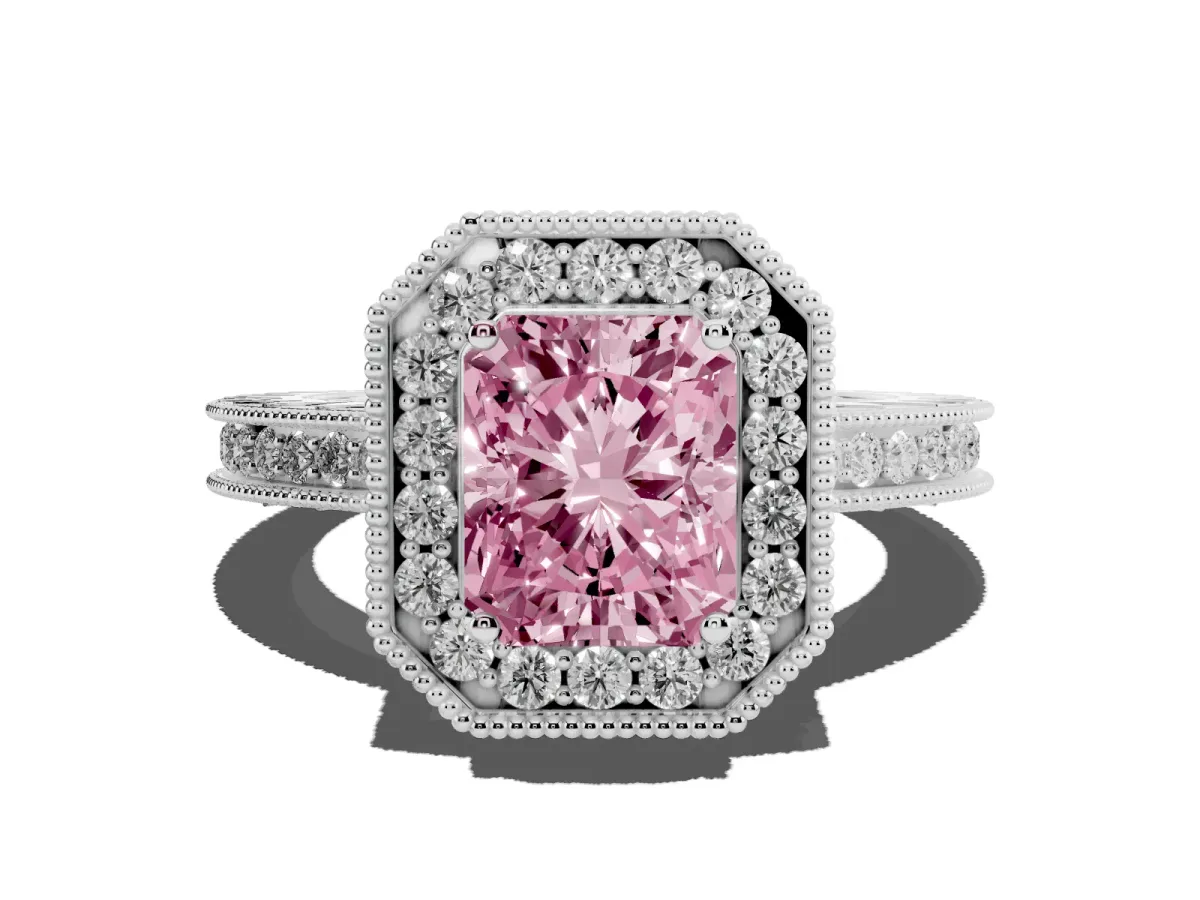 Fancy Pink Radiant Cut Diamond Milgrain Halo Engagement Ring with Round Pavé Band and Prong Setting Platinum