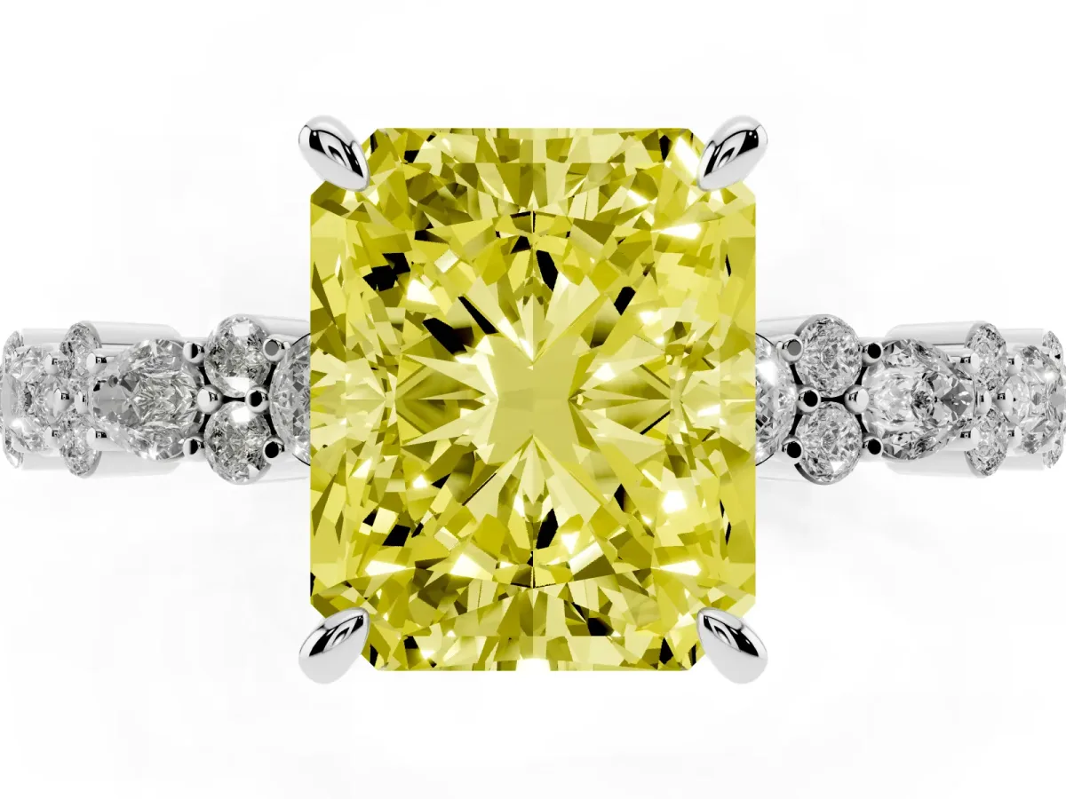 Fancy Yellow Radiant Cut Diamond Side Stone Solitaire Ring with Round and Four-Prong Setting Silver
