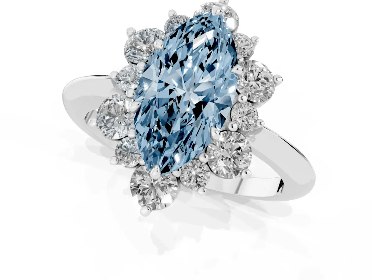Fancy Blue Marquise Cut Diamond Cluster Halo Ring with Solitaire Band and Four-Prong Setting White gold