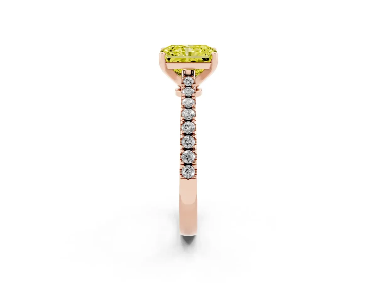 Fancy Yellow Radiant Cut Cut Solitaire Diamond Engagement Ring with Pave Band and Four-Prong Setting Rose gold