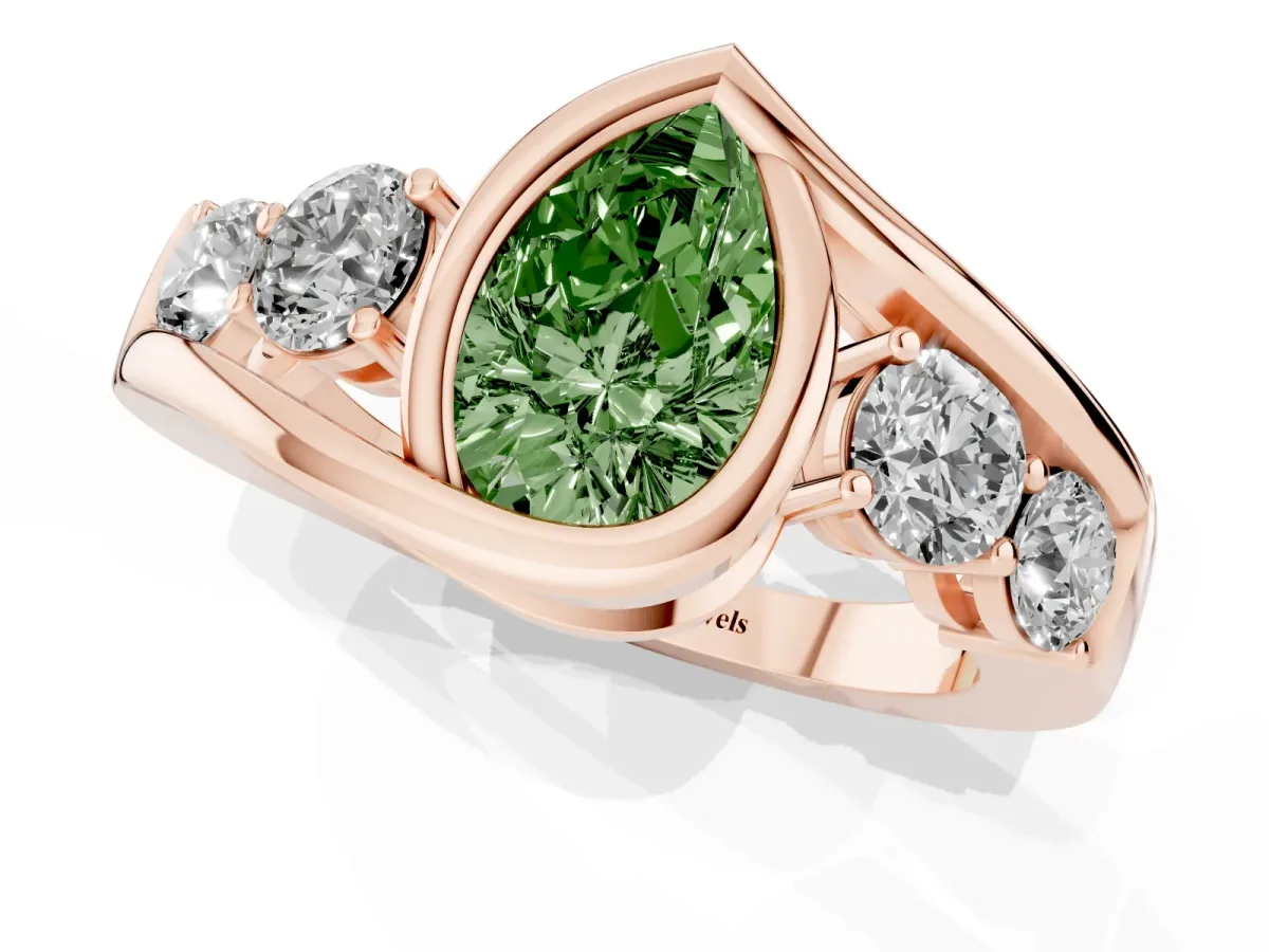 Fancy Green Bezel Set Pear Cut Diamond Bypass Ring with Round Accents Rose gold