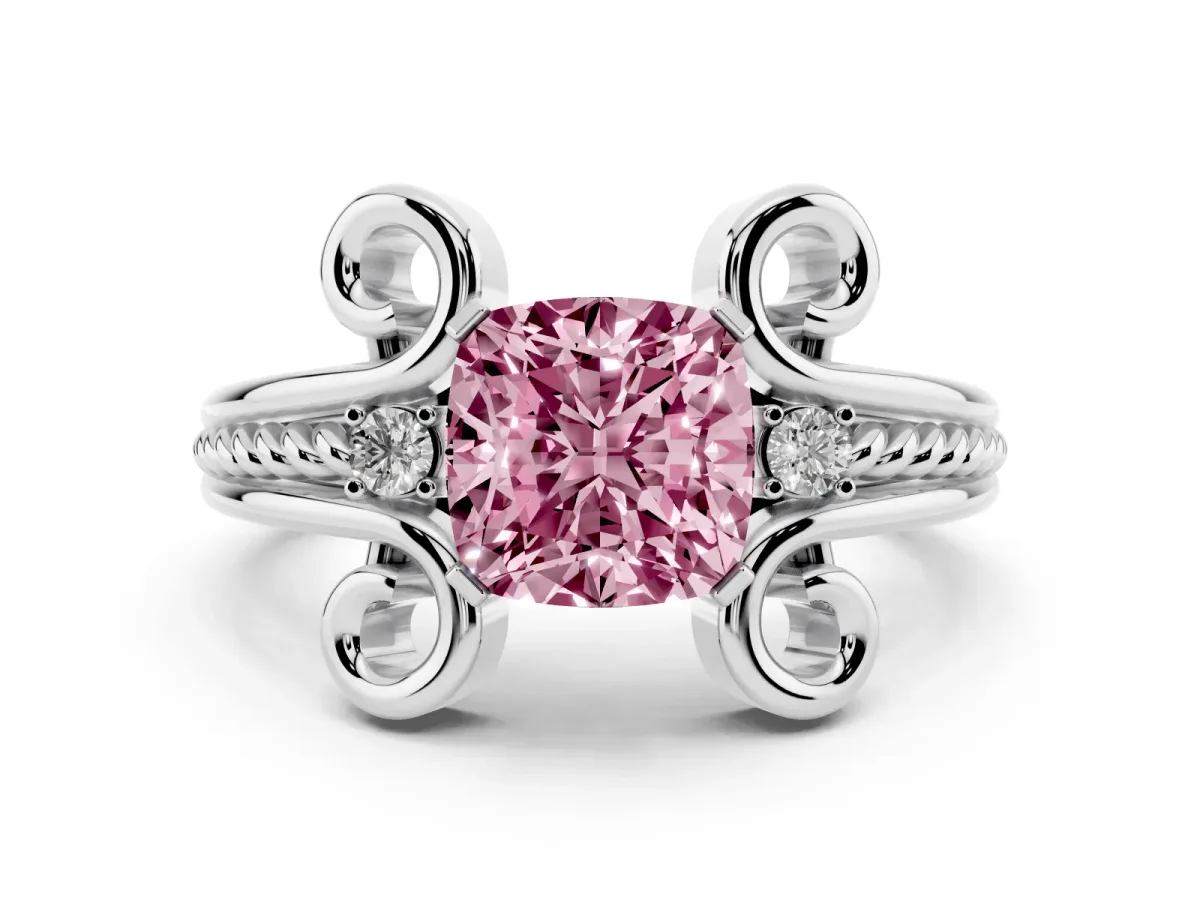 Fancy Pink Cushion Cut Solitaire Twisted Band Scroll Prong Ring Platinum
