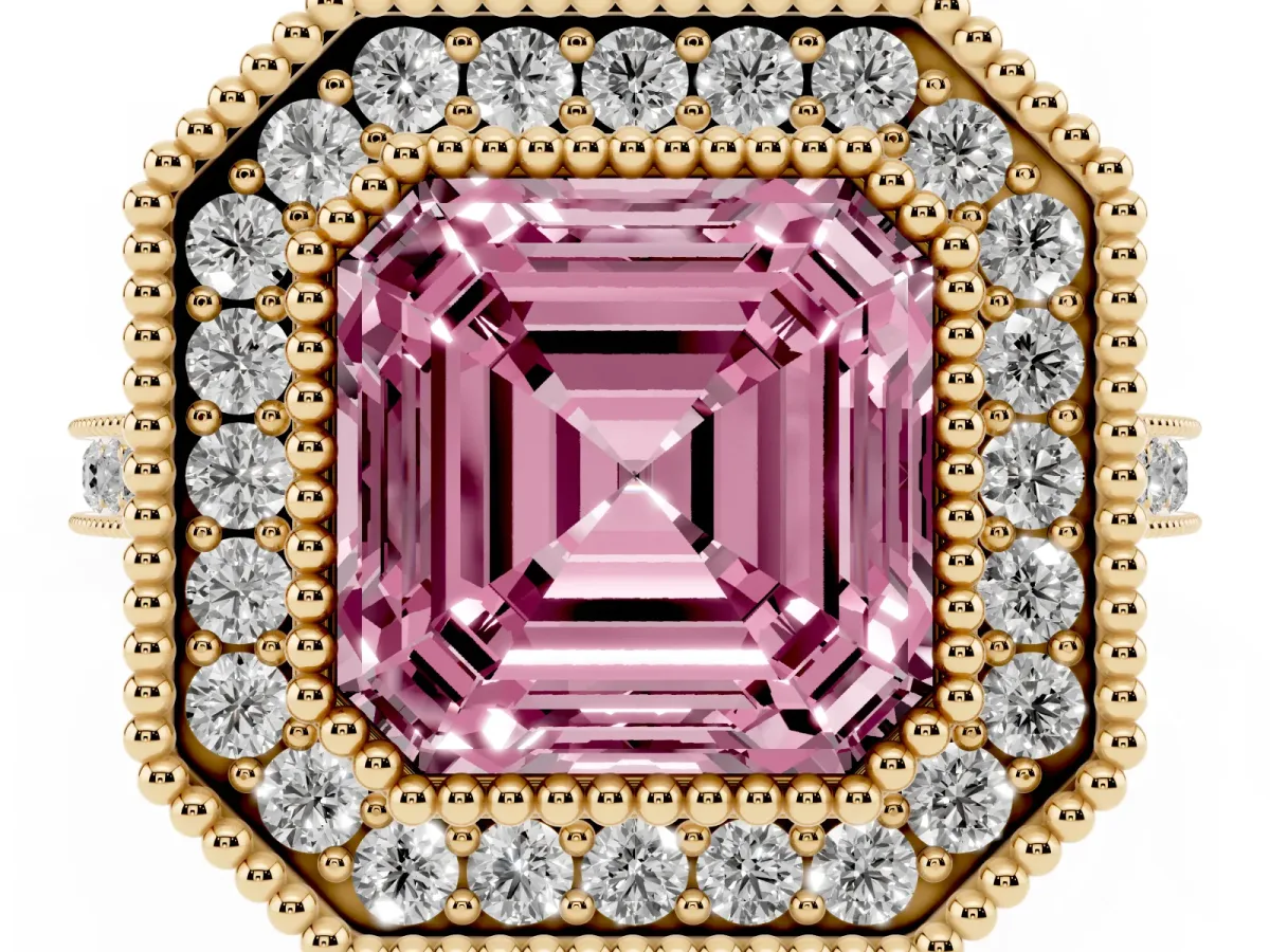 Fancy Pink Asscher Cut Diamond Halo Ring with Milgrain Frame and Pavé Band Yellow gold