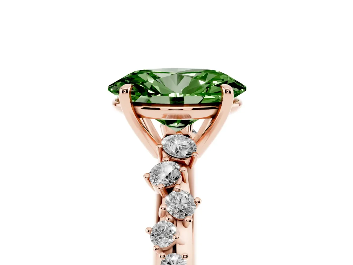 Fancy Green Oval Cut Diamond Cluster Side Stone Solitaire Ring with Prong Setting Rose gold