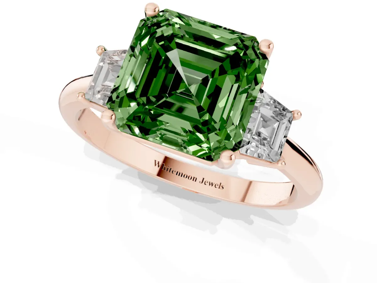 Fancy Green Asscher Cut Diamond Three-Stone Ring with Trapezoid Side Stones and Prong Setting Rose gold