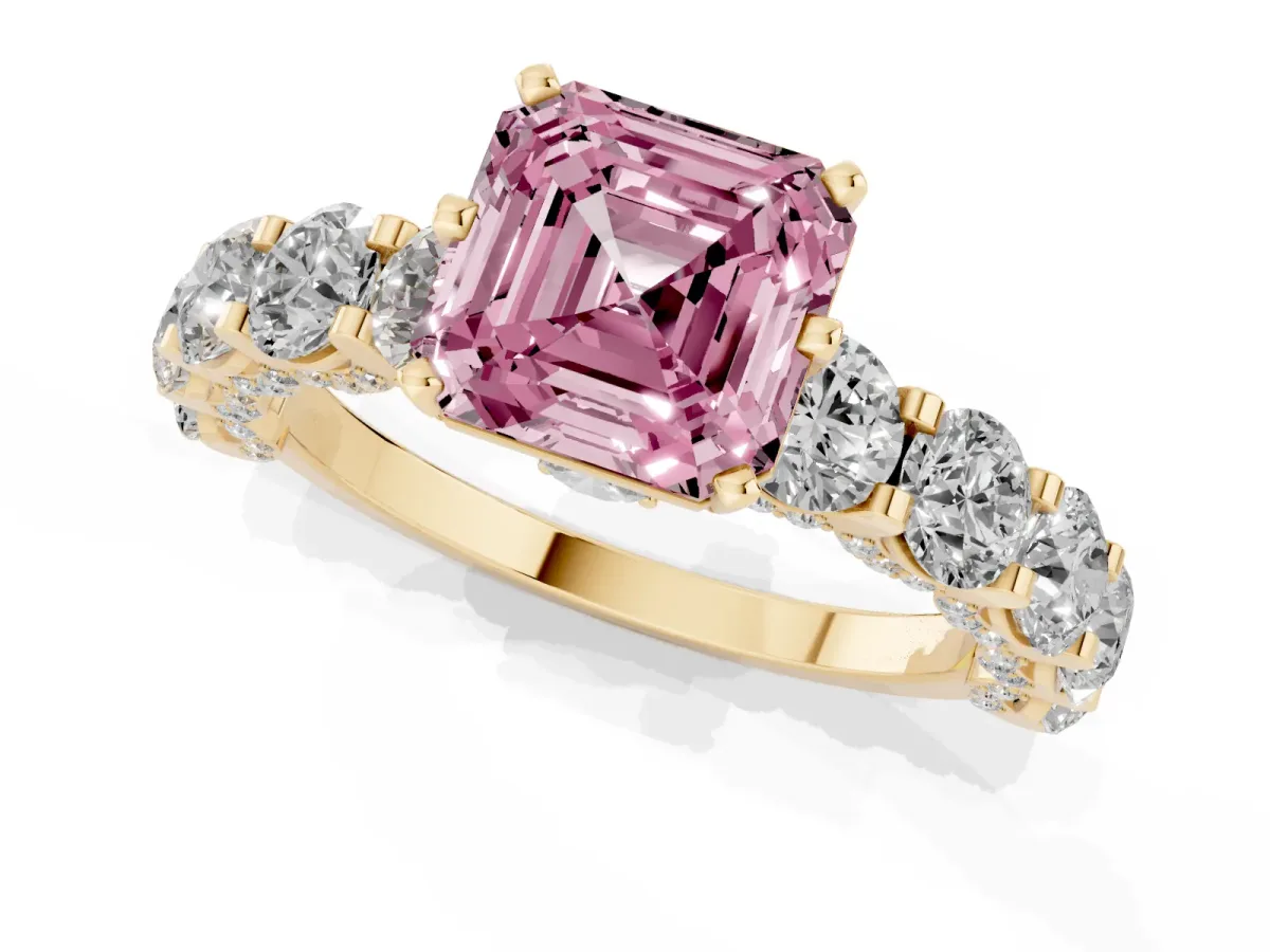 Fancy Pink Asscher Cut Diamond Side Stone Engagement Ring with Four-Prong Setting Yellow gold