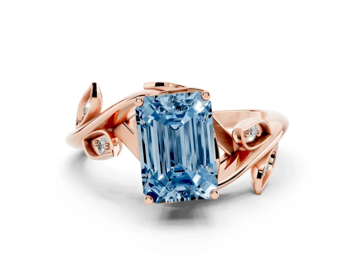Fancy Blue Emerald Cut Solitaire Twist Engagement Ring with Leaf Accents and Prong Setting Rose gold